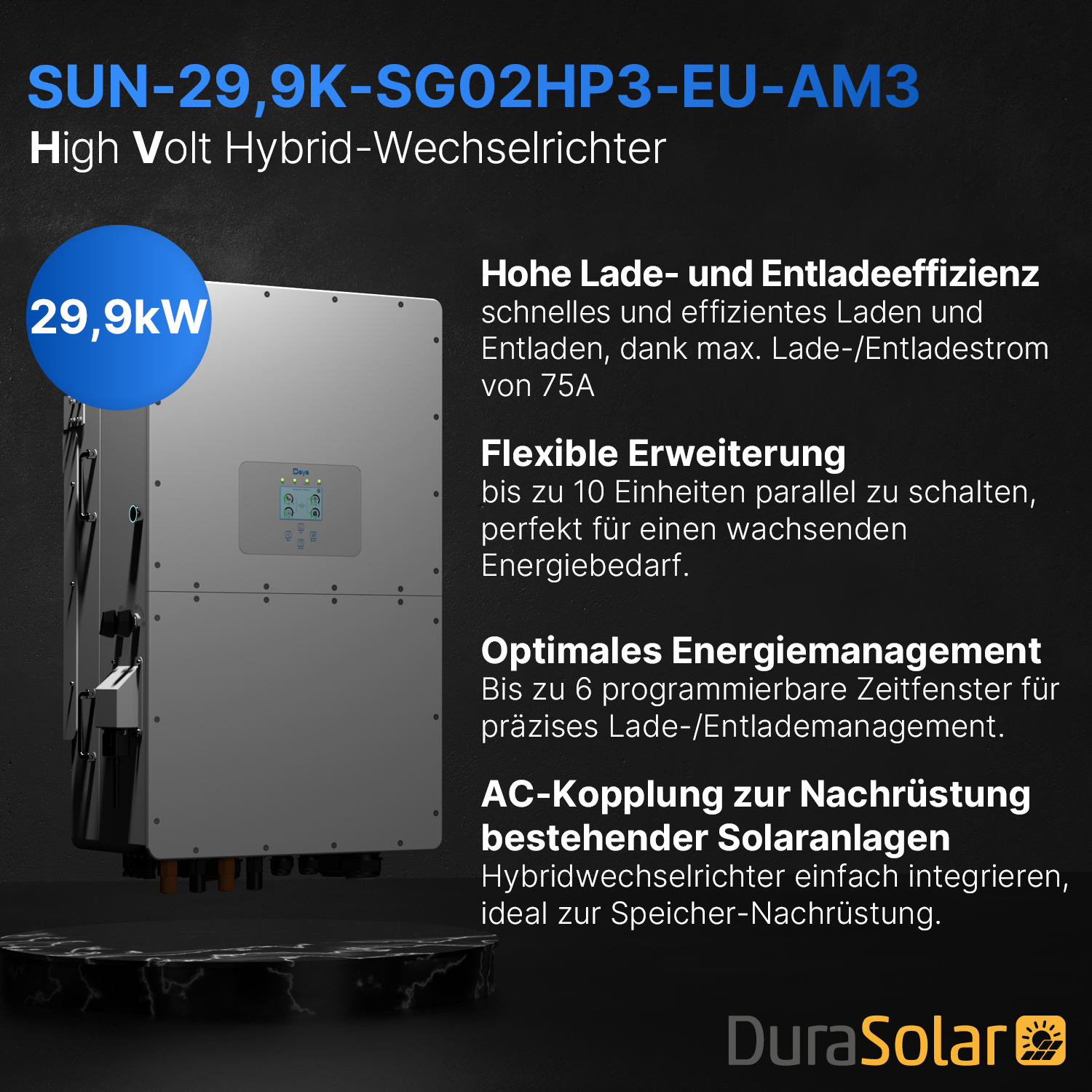 Deye SUN- 29,9kW - SG02HP3-EU-AM3 - Dreiphasig - 2MPPT - Hybrid-Wechselrichter - Hochspannungsserie