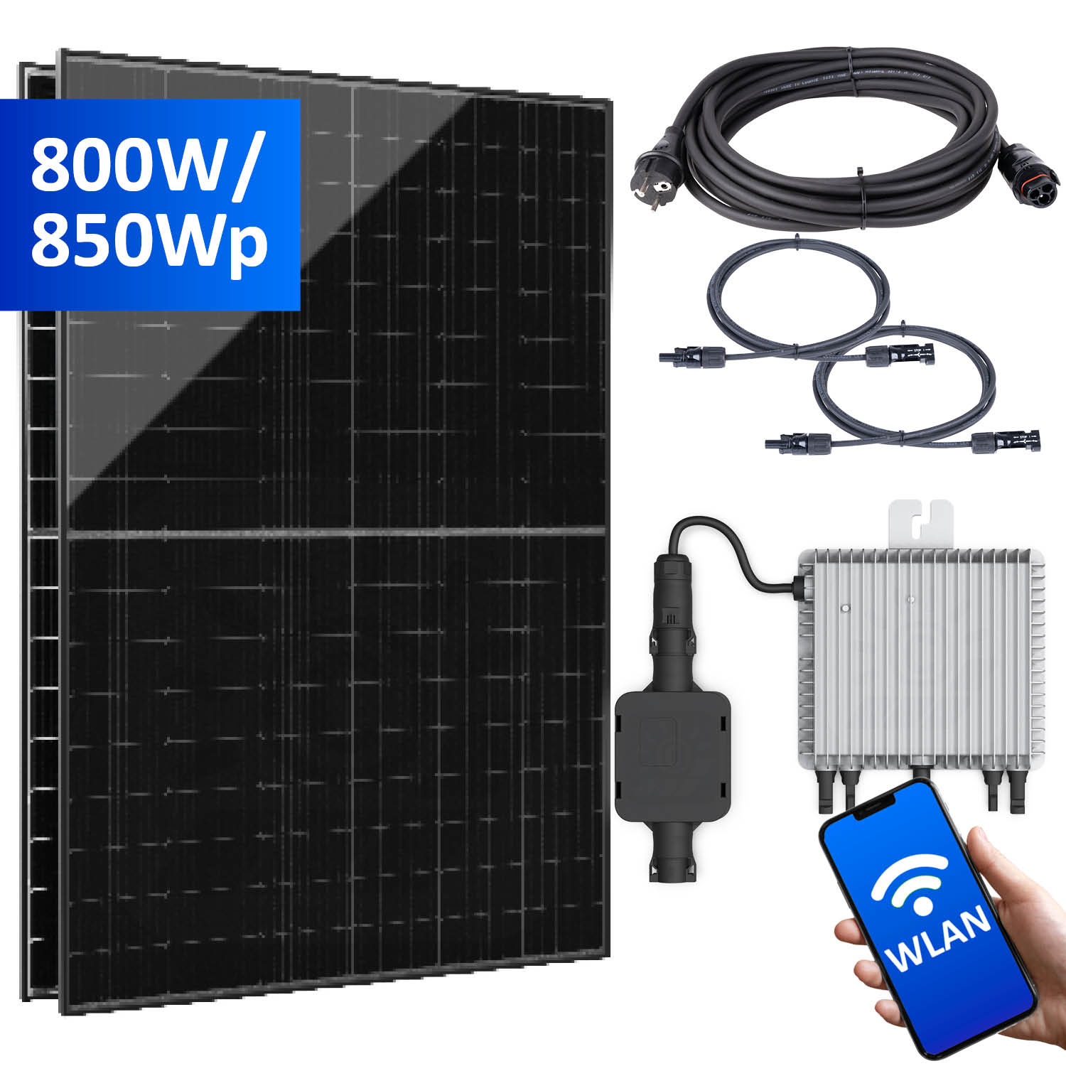 Balkonkraftwerk 800W/850Wp Black Frame - bifazial -mit 3, 5 oder 10m Anschlusskabel Balkonkraftwerk 800W/850Wp Black Frame - bifazial -mit 3, 5 oder 10m Anschlusskabel