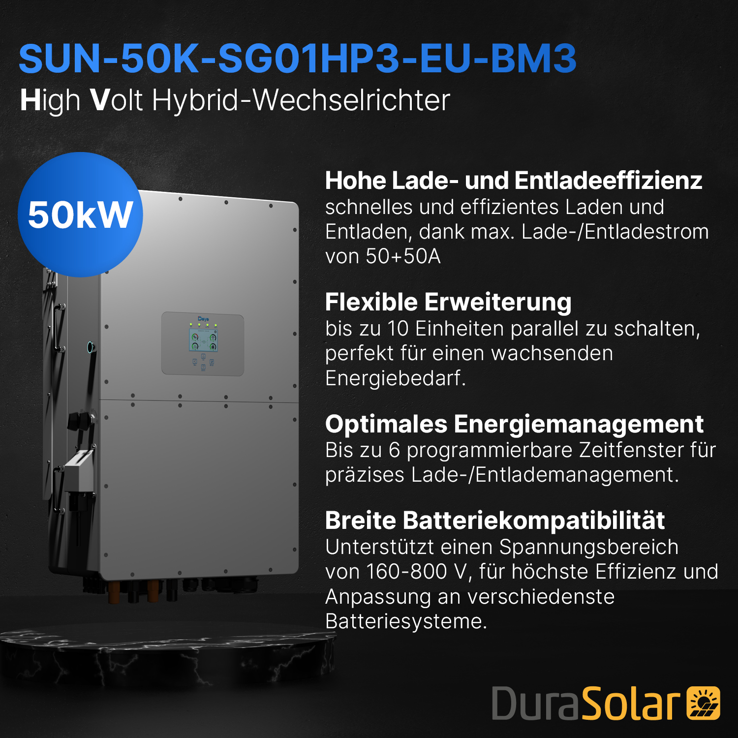 Deye SUN-50K-SG01HP3-EU-BM4 - Dreiphasig - 4/2+2+2+2 MPPT - Hybrid-Wechselrichter - Hochspannungsserie